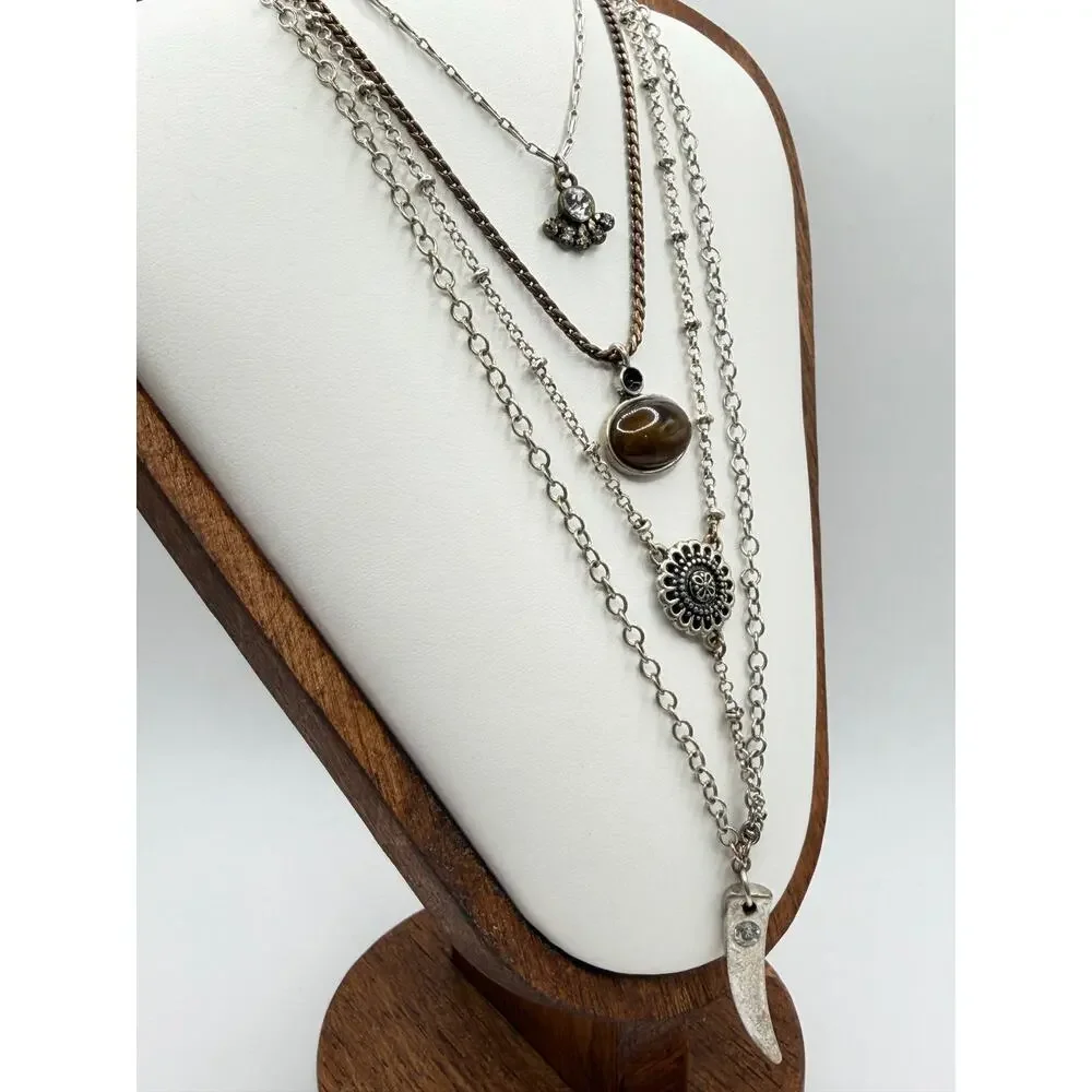 Y2K Layered Mixed Metal Charm Necklace | Faux Tiger Eye & Tusk Pendant